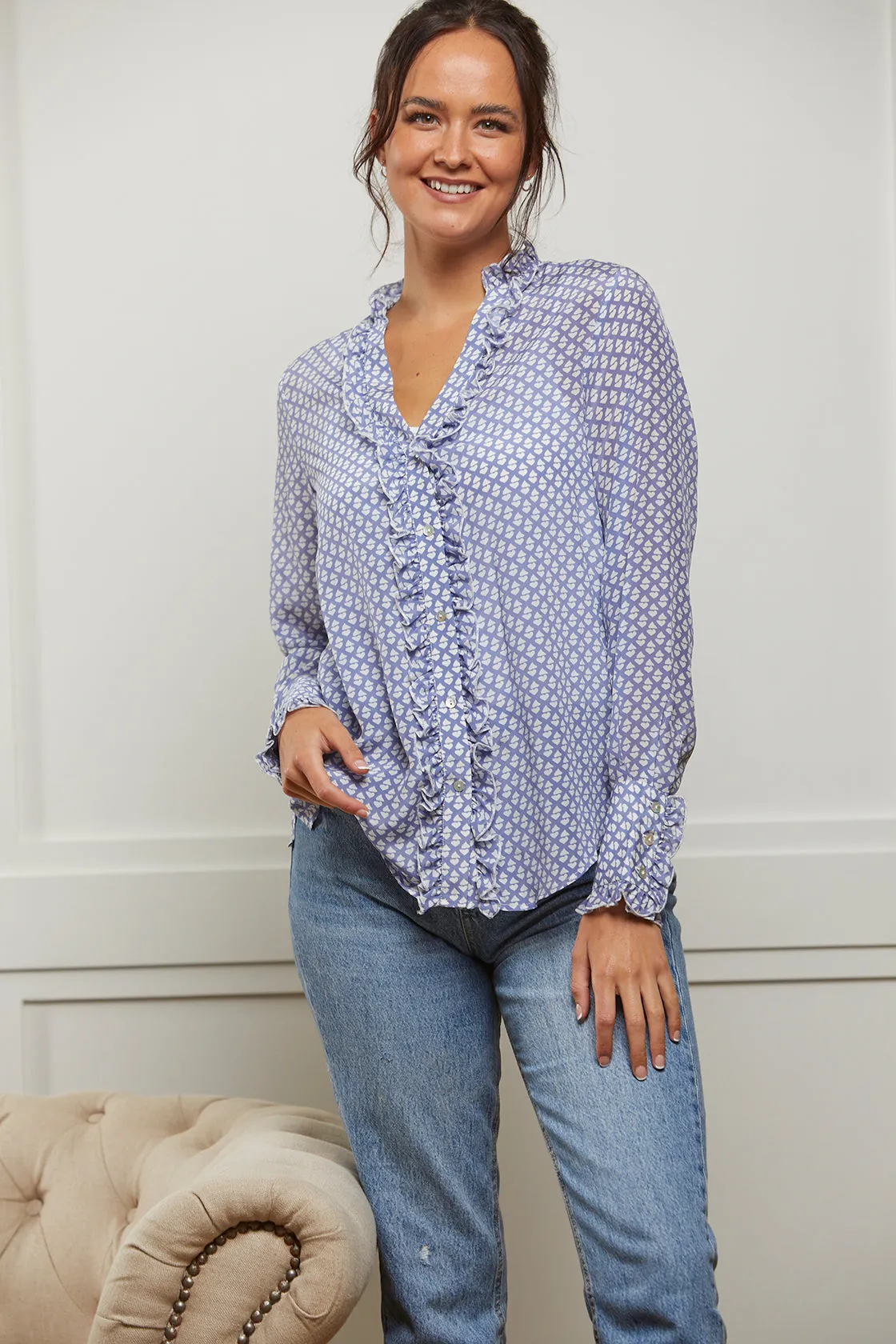 Emily Pale Blue Shirt - Vintage Heart Print