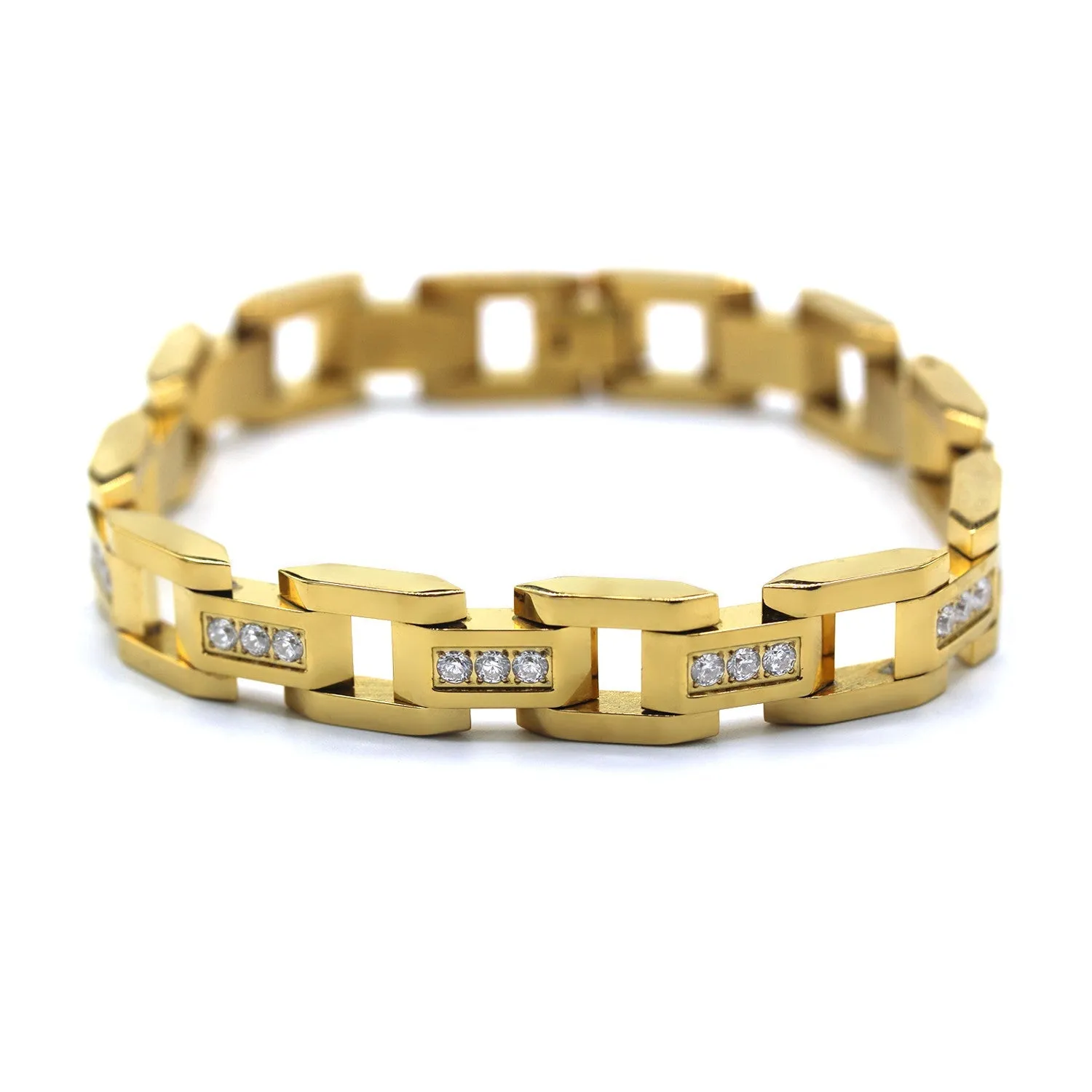 Fancy Men's Stainless Steel Bracelet Fashion Wrist Band CZ (Gold)