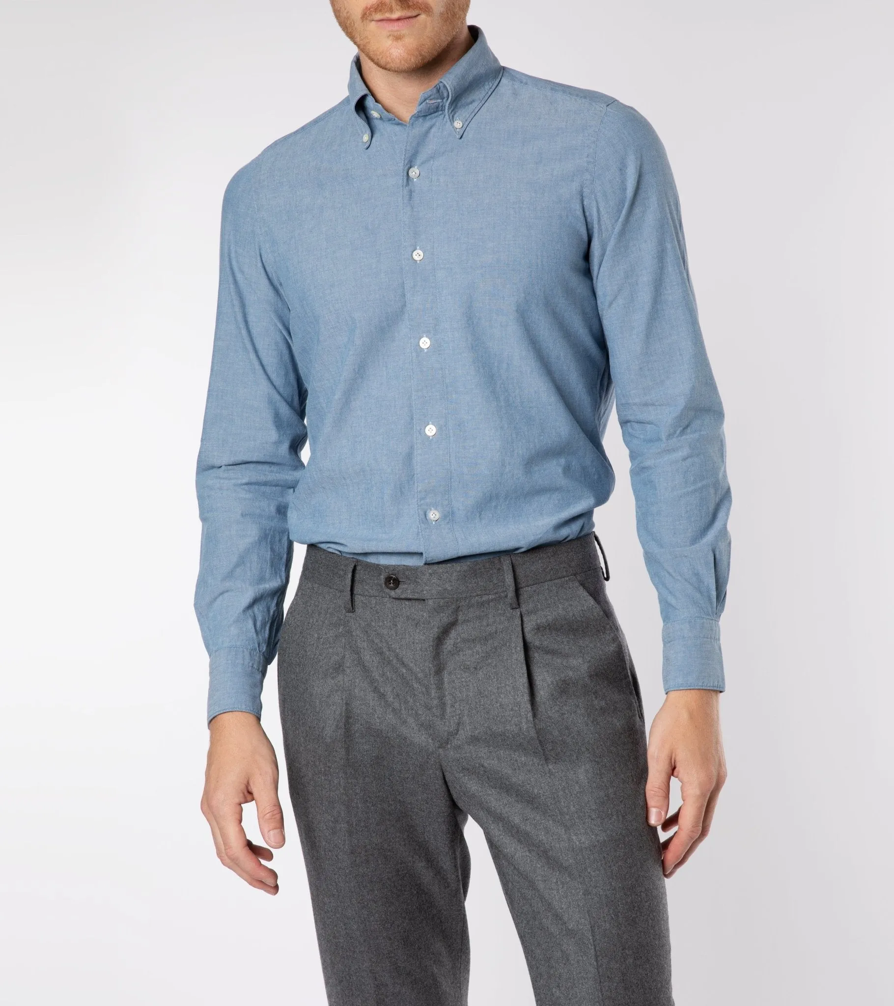 Finamore Gaeta Classic Cotton Leonardo Button Down Sport Shirt: Chambray