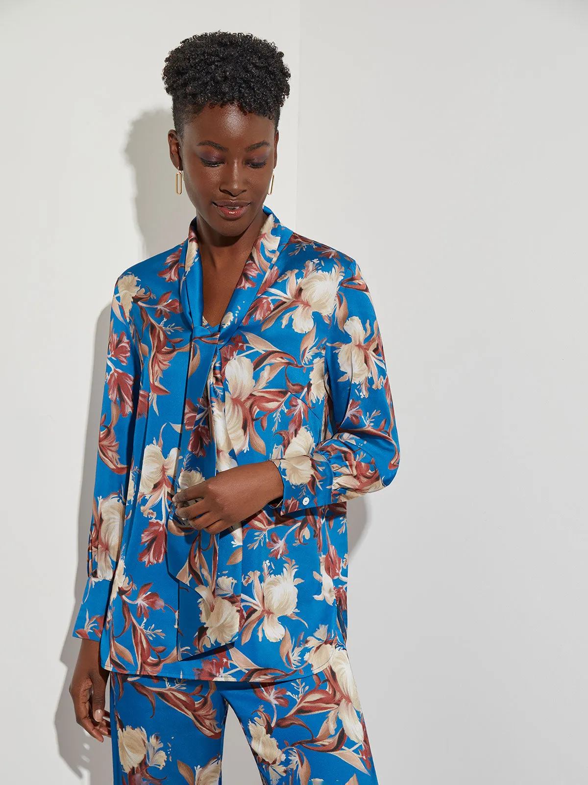 Floral Crepe de Chine Tie Neck Blouse