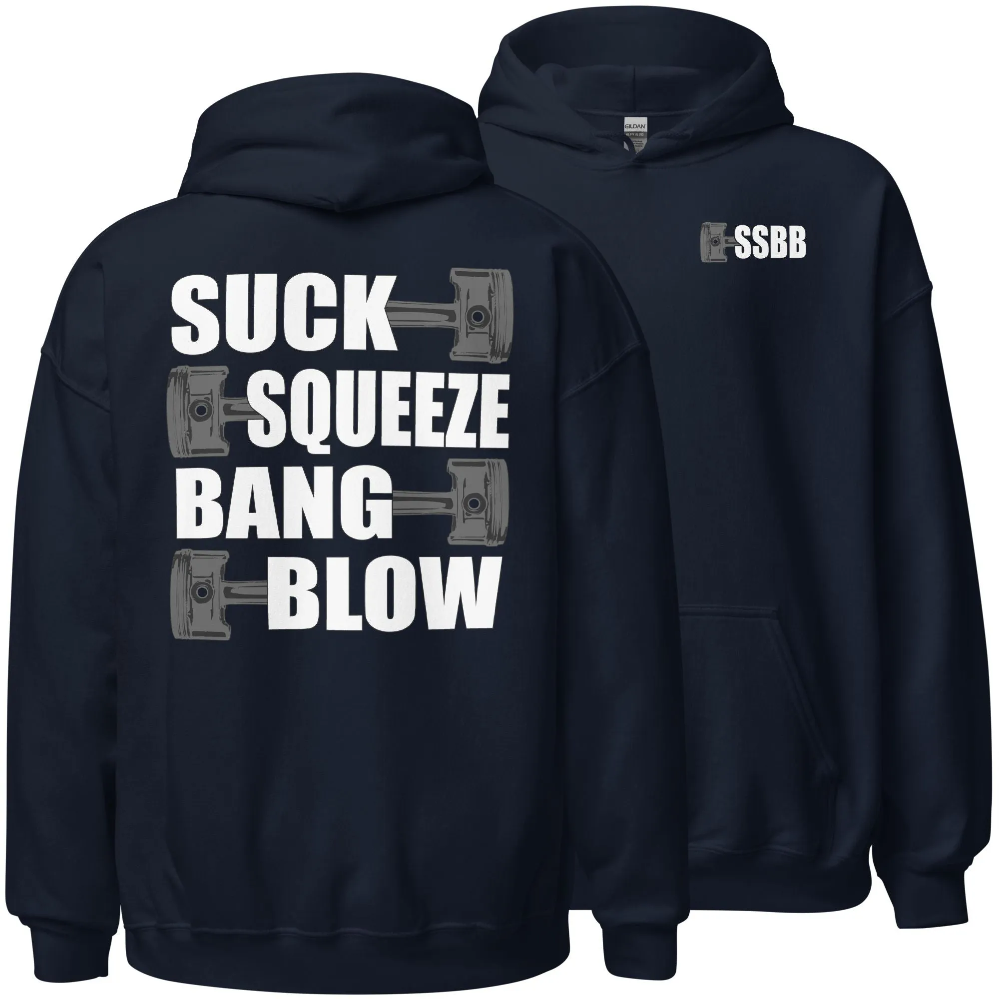 Funny Mechanic Hoodie, Car Enthusiast Gift, Racing, or Racecar T-Shirt, Suck Squeeze Bang Blow Saying