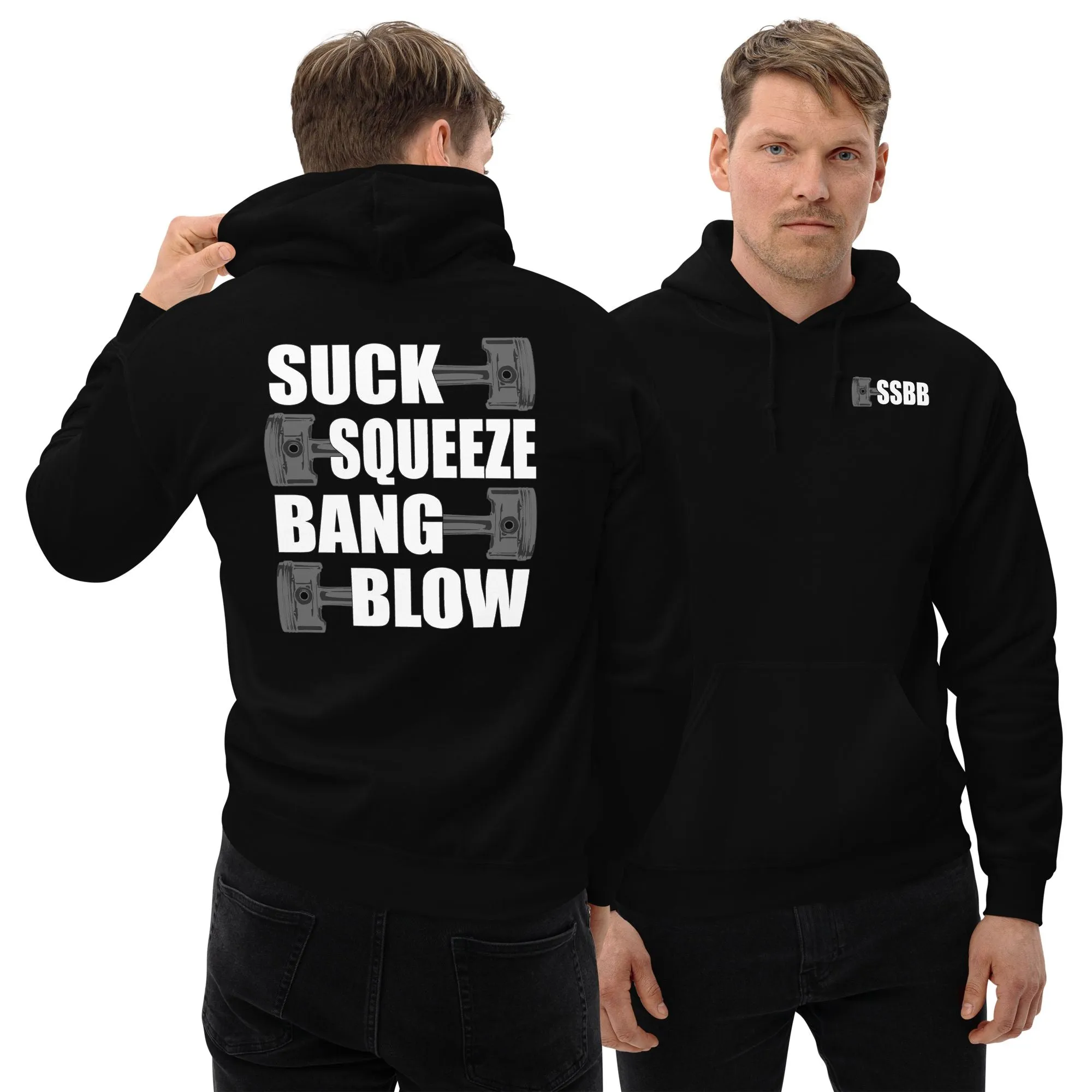 Funny Mechanic Hoodie, Car Enthusiast Gift, Racing, or Racecar T-Shirt, Suck Squeeze Bang Blow Saying