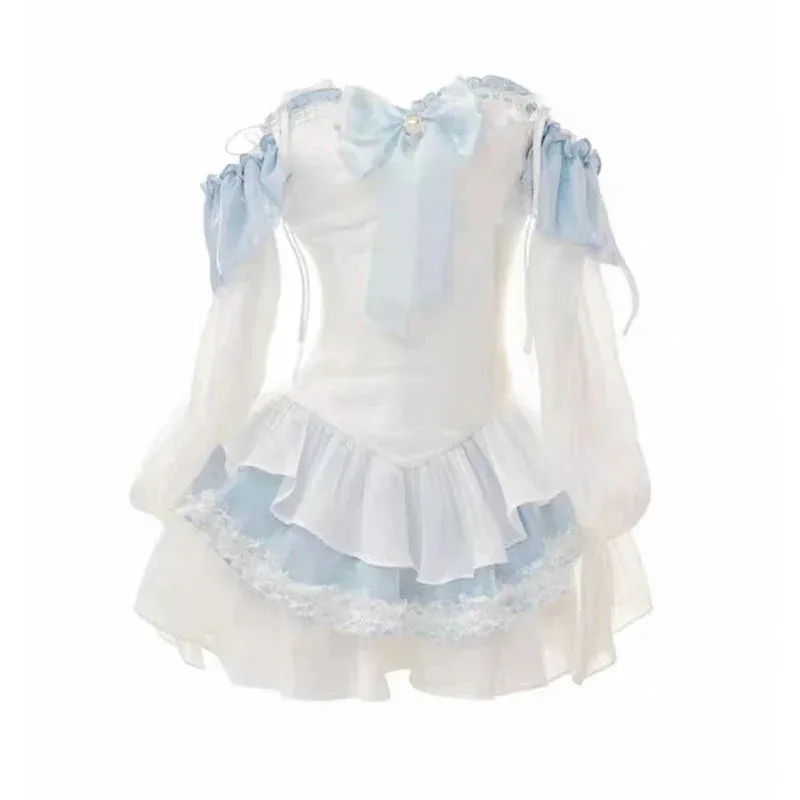 Girlary Autumn Blue Lolita Clothing Suit Slim Vest   Kawaii Y2k Mini Dress Elegant Short Party Dress Japanese Style Fashion Suit