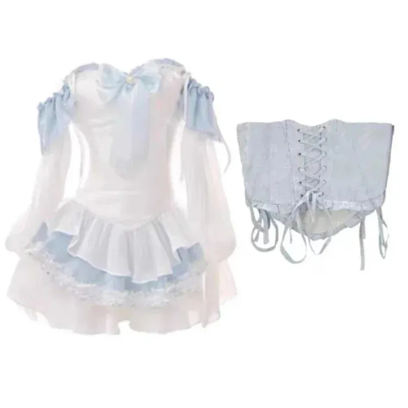 Girlary Autumn Blue Lolita Clothing Suit Slim Vest   Kawaii Y2k Mini Dress Elegant Short Party Dress Japanese Style Fashion Suit