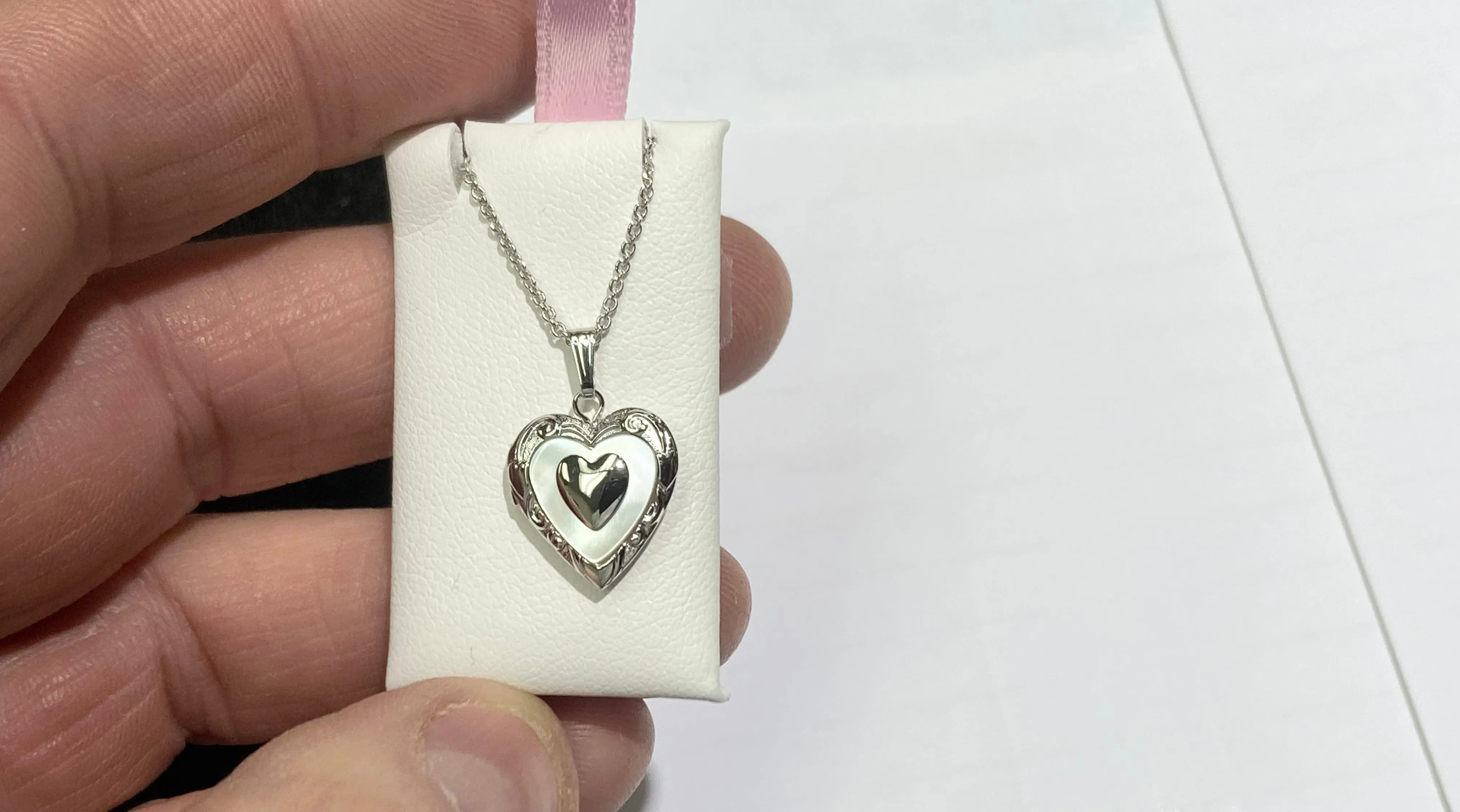 Heart Locket Sterling Silver Mother Of Pearl Rope Chain Engravable