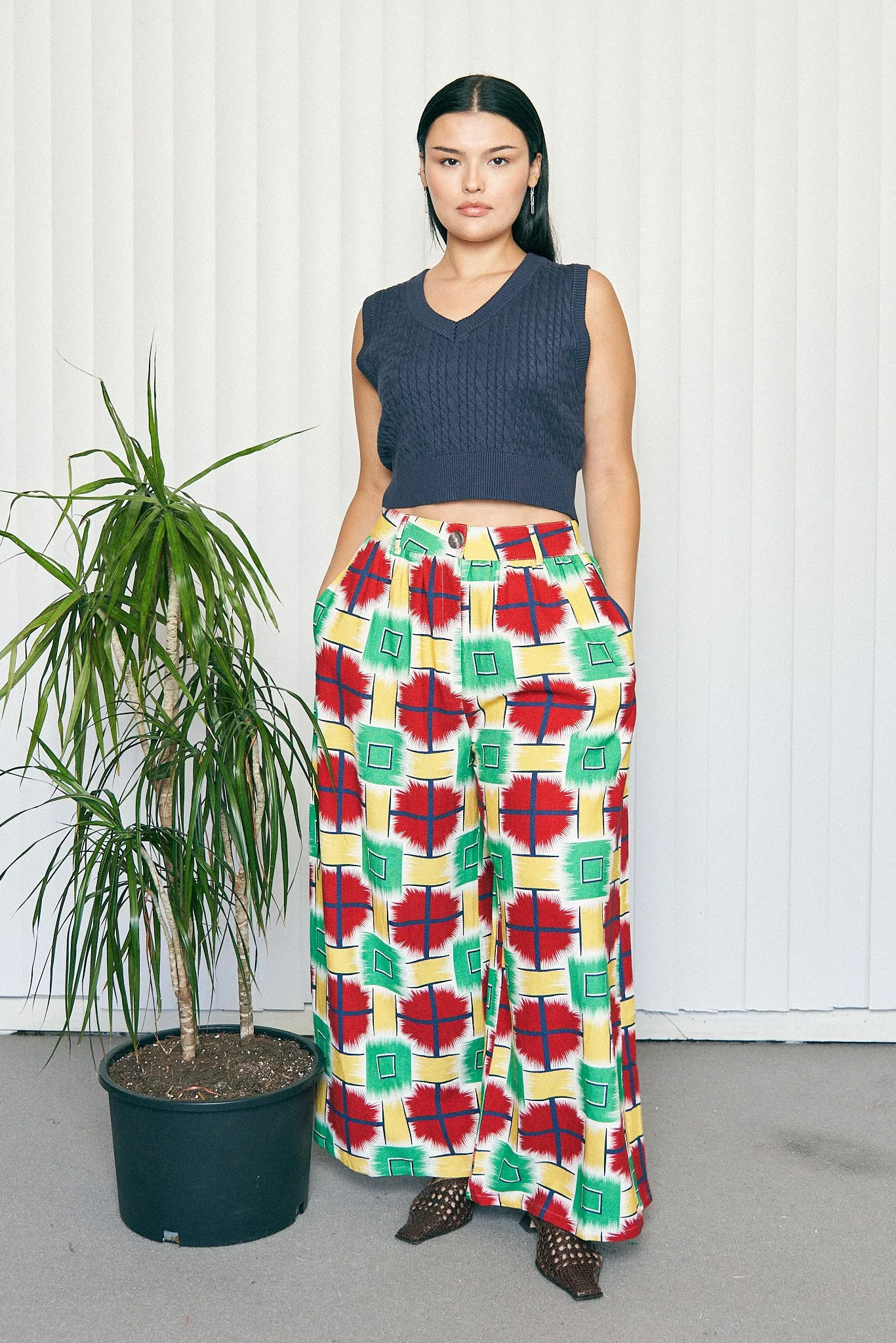 Jumbo Plaid Linen Wide Leg Trousers