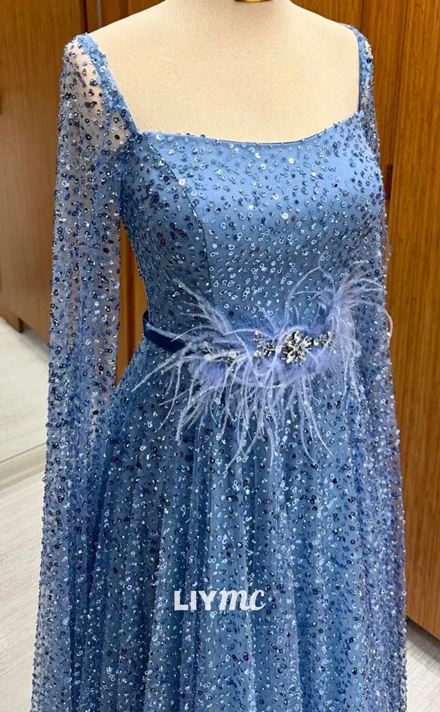 LP2249 - Square Long Sleeves Beaded Sequins Feathered A-Line Cocktail Dress Prom Dress