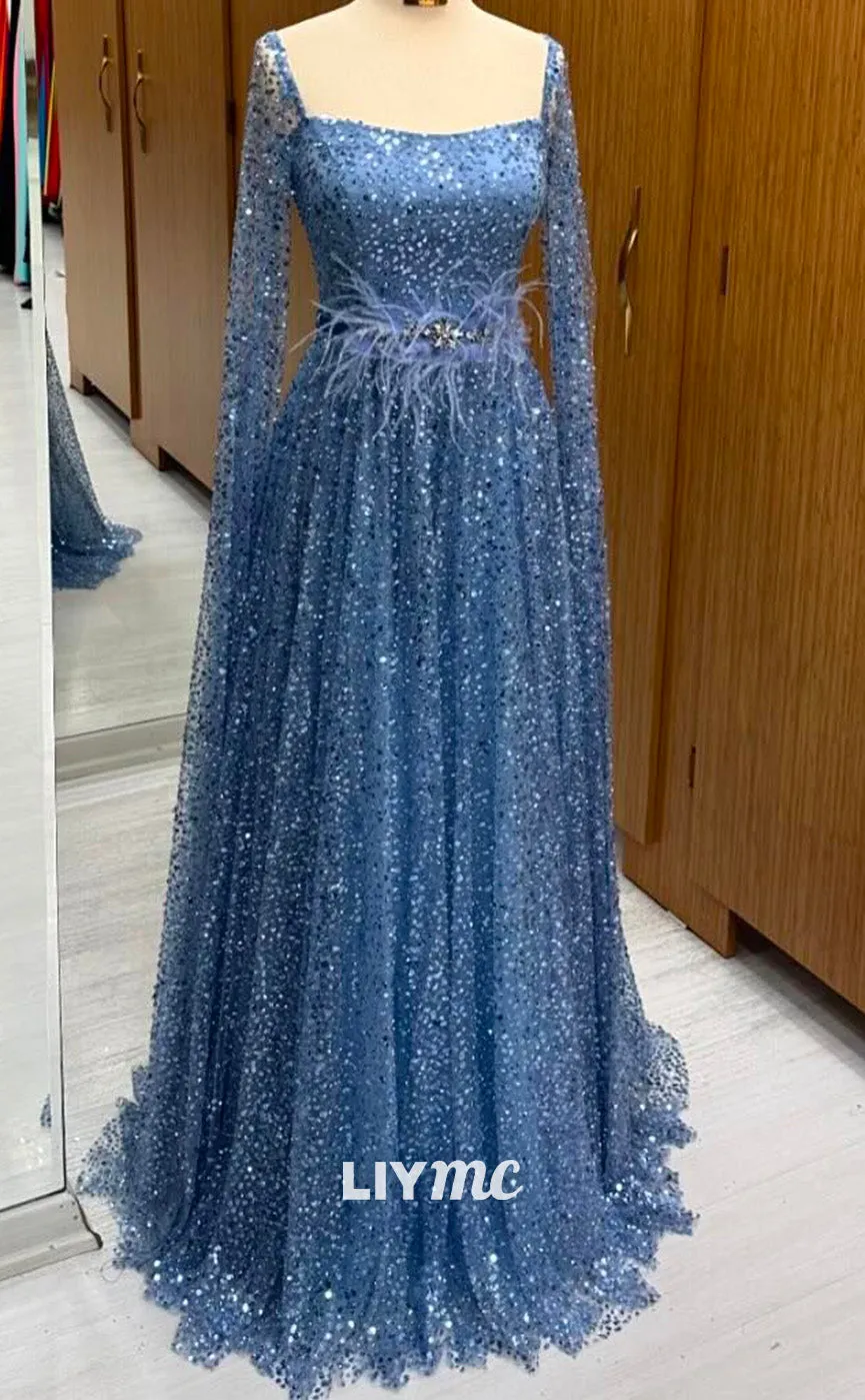 LP2249 - Square Long Sleeves Beaded Sequins Feathered A-Line Cocktail Dress Prom Dress