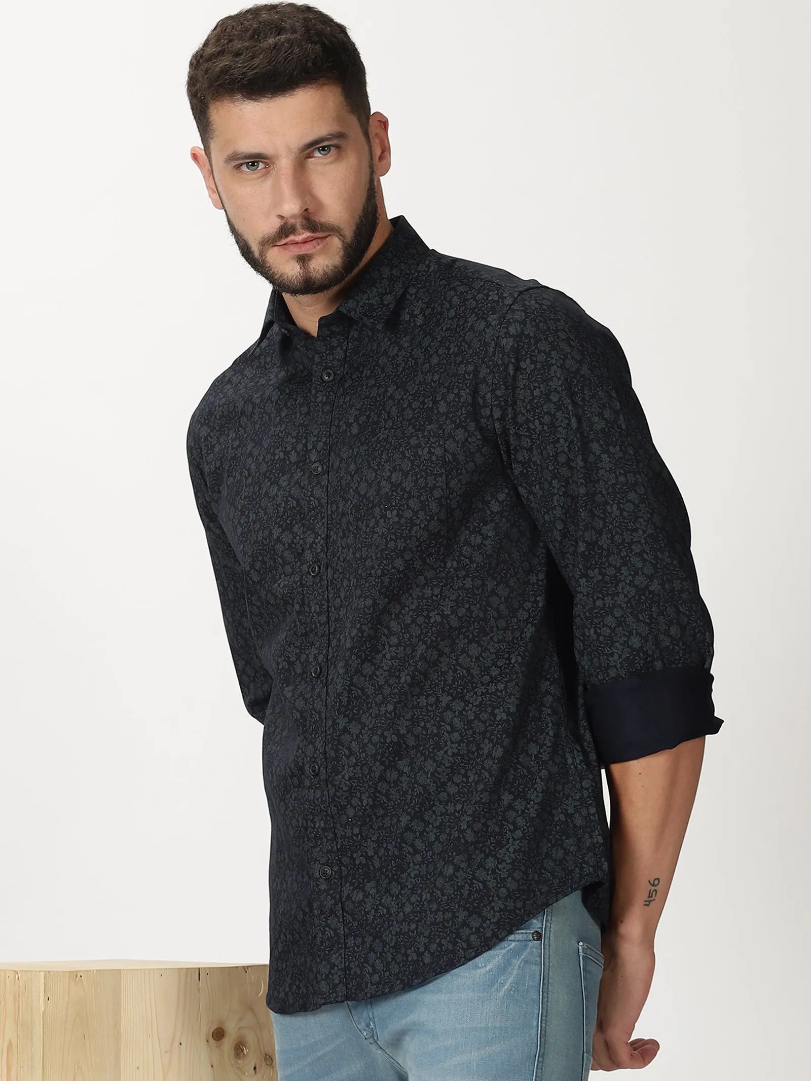 MEN'S BLACK PRINT SLIM FIT SHIRT