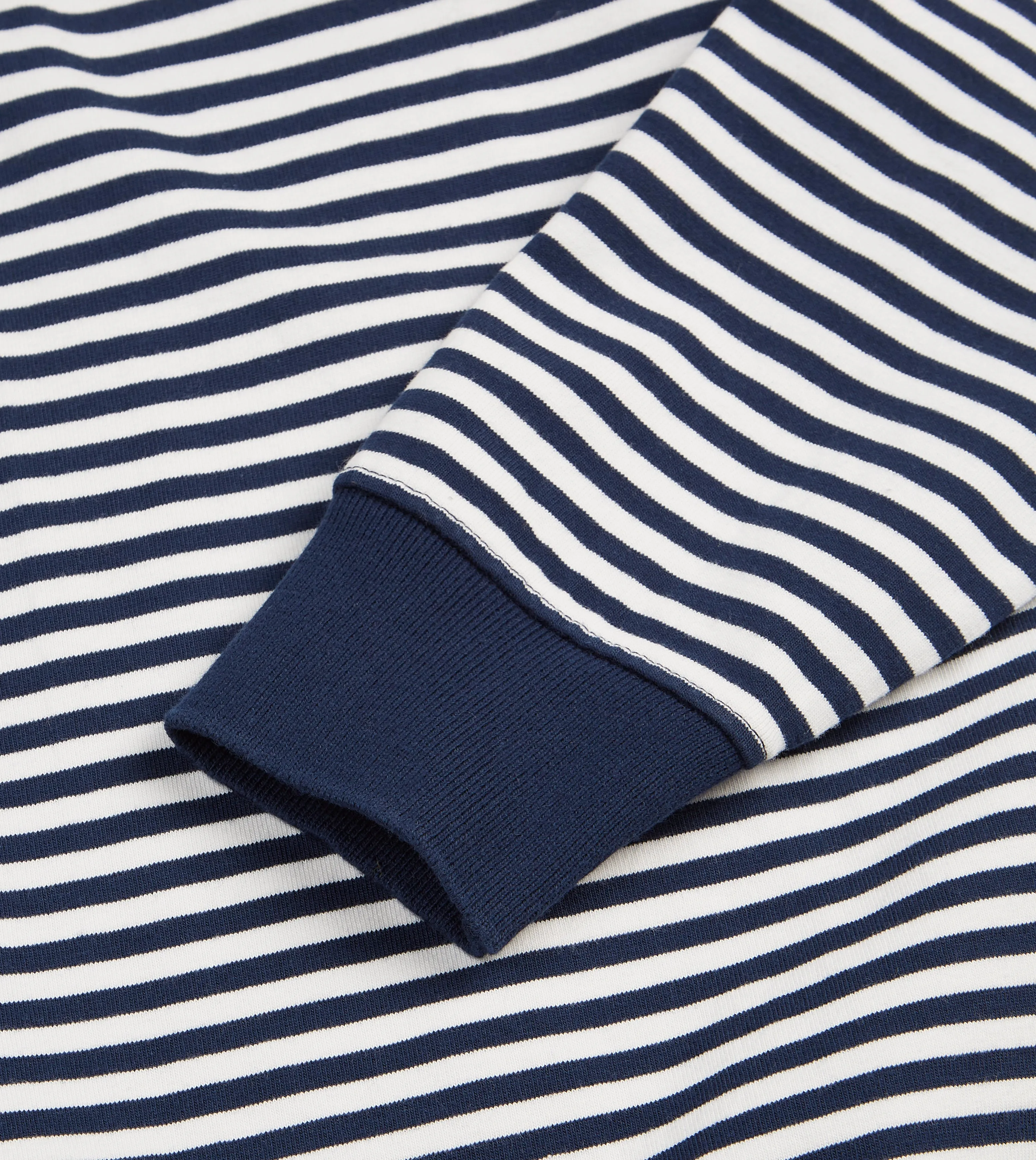 Navy and Ecru Stripe Knitted Jersey Cotton Long-Sleeve Polo Shirt