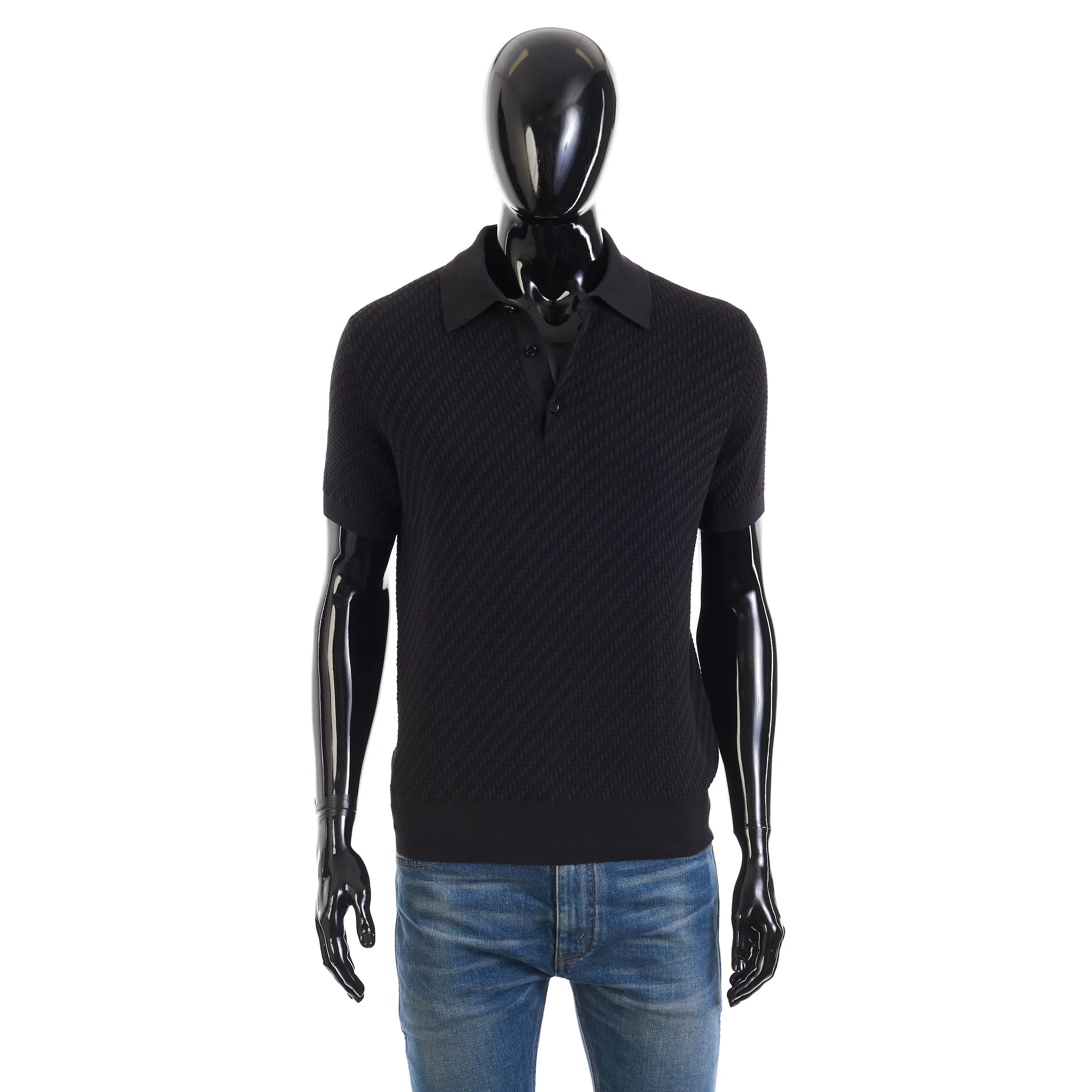 Polo Shirt With Regimental Motif In Black Cotton, Silk & Cashmere Blend