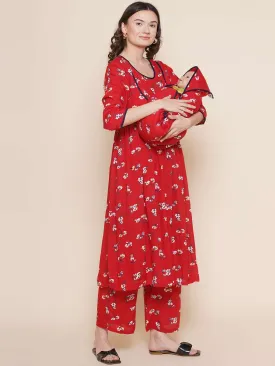 Red Floral Kurta and Matching Baby Wrapper Set