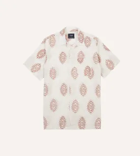 Red Totem Motif Block Print Cotton Camp Collar Short Sleeve Shirt