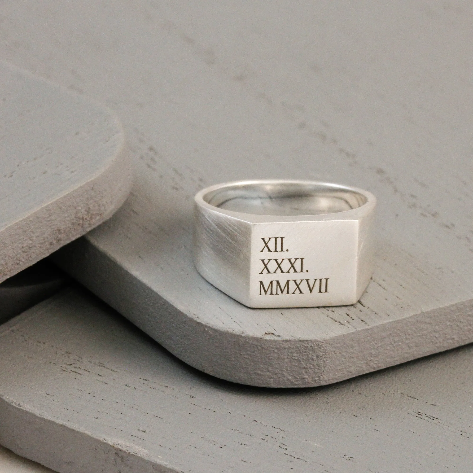 Roman Numerals Large Square Silver Signet Ring