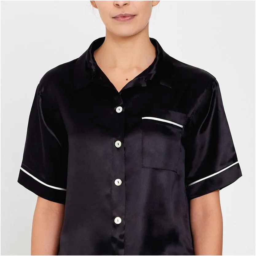 Silk short sleeved pyjama shirt [Black]