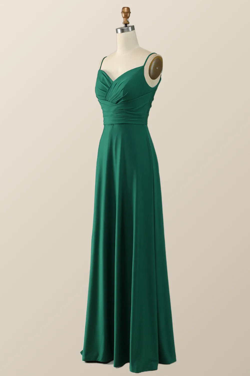 Simply Green Pleated Satin Long Bridesmaid Dress