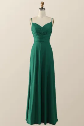 Simply Green Pleated Satin Long Bridesmaid Dress