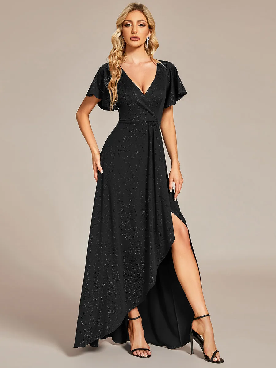 Tea Length Split Shiny Wholesale Evening Dresses With Ruffle Sleeves