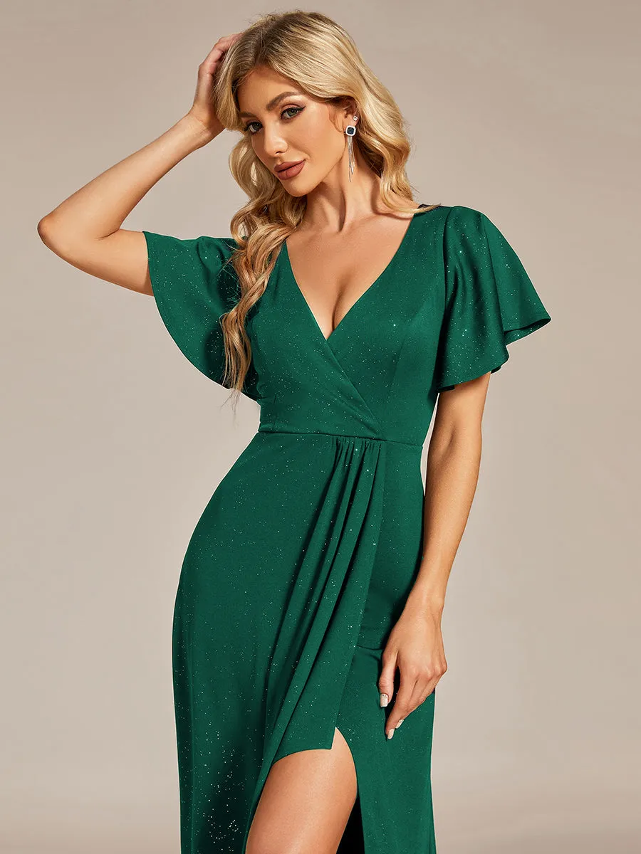 Tea Length Split Shiny Wholesale Evening Dresses With Ruffle Sleeves