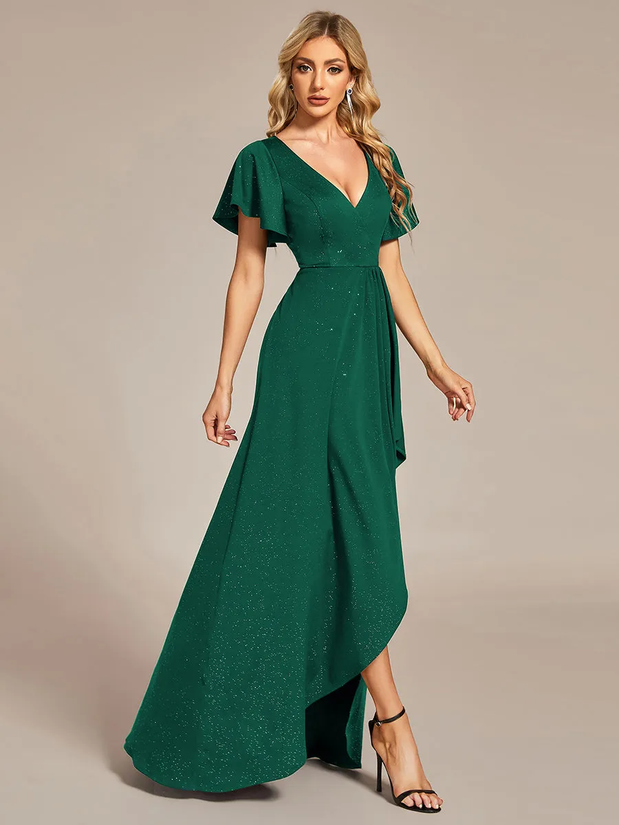 Tea Length Split Shiny Wholesale Evening Dresses With Ruffle Sleeves