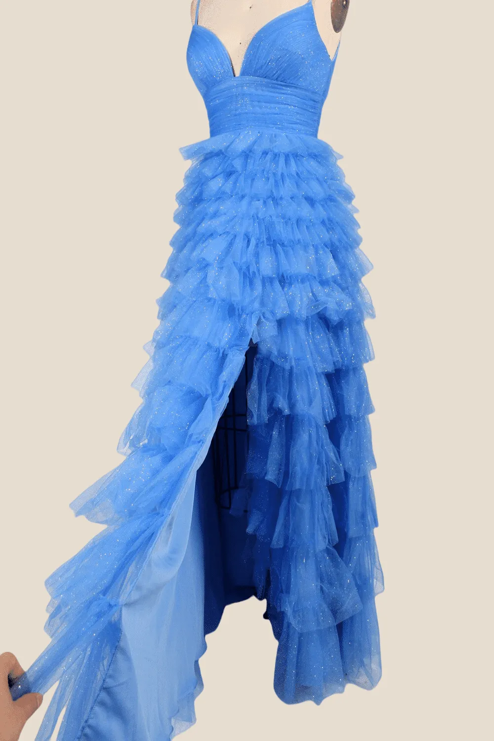 V-neck Blue Ruffles Tiered Long Dress with Slit