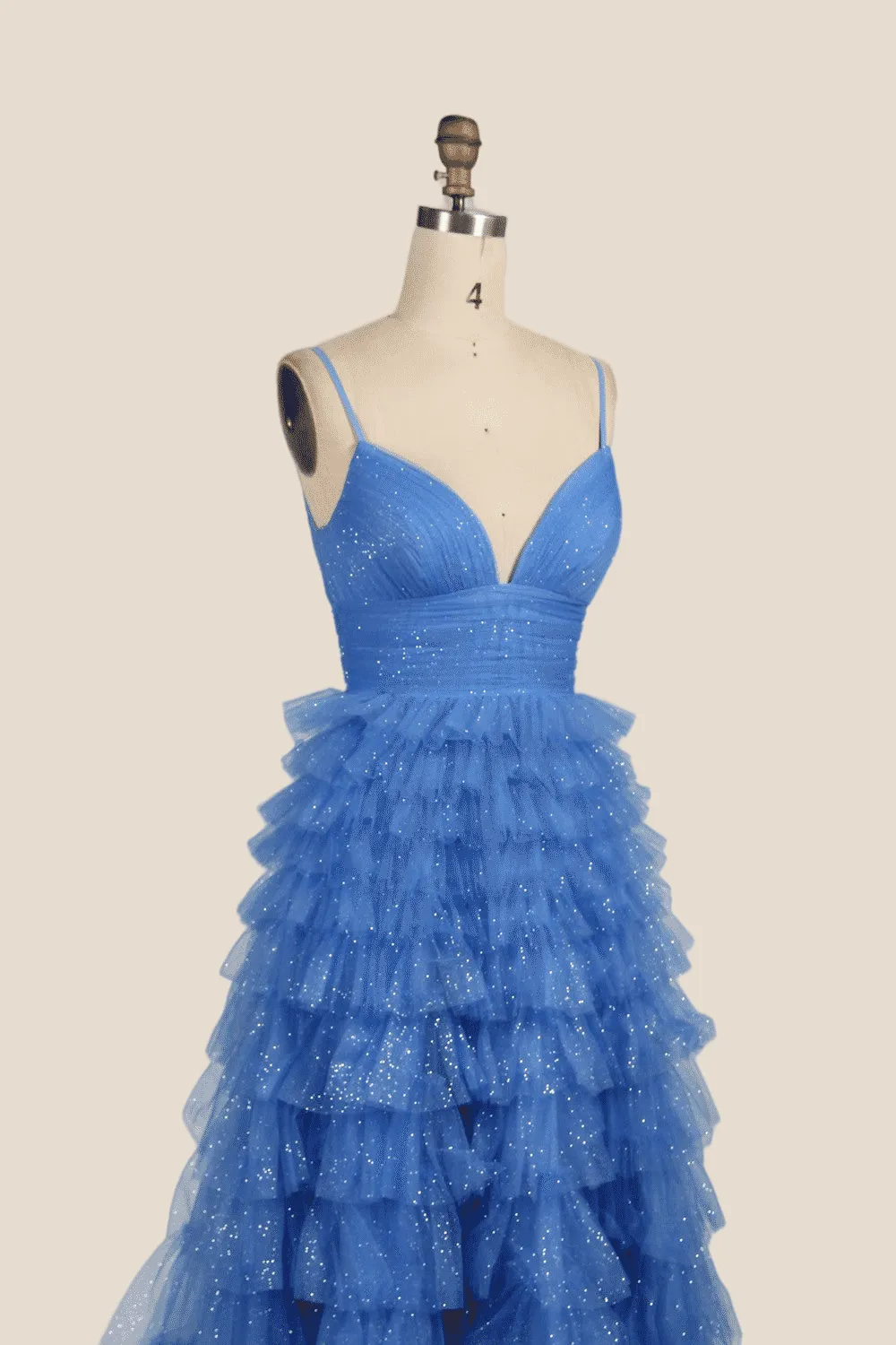 V-neck Blue Ruffles Tiered Long Dress with Slit