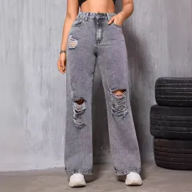 Women Straight Leg Pants Denim with Hole Washed Worn Street Slimming Casual Years Spring Summer