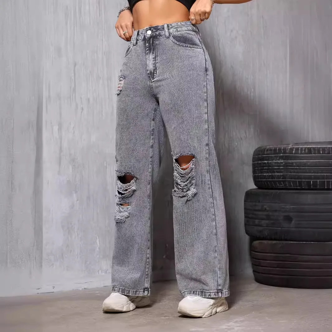 Women Straight Leg Pants Denim with Hole Washed Worn Street Slimming Casual Years Spring Summer